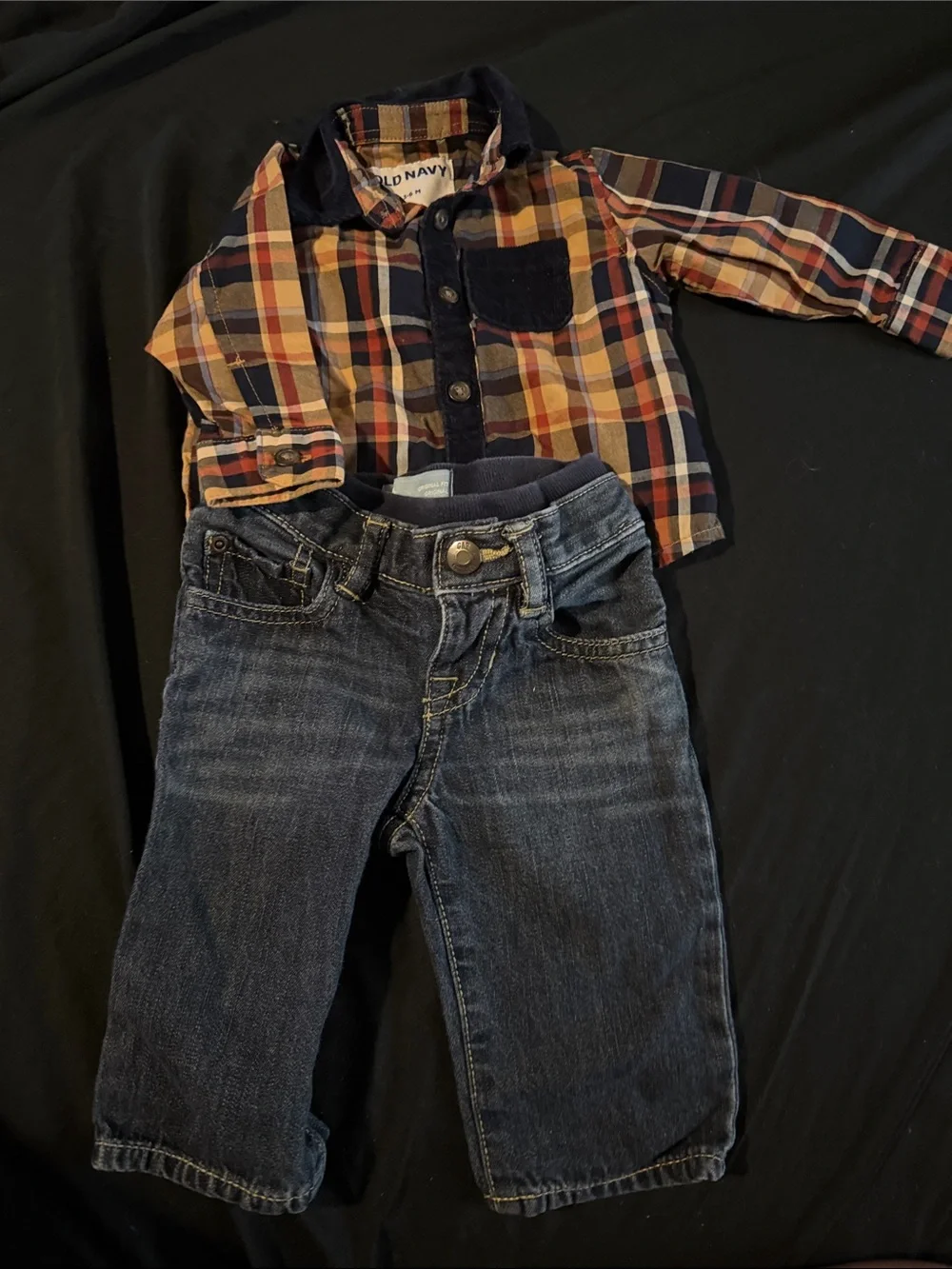Old Navy Navy, Orange & Cream Plaid Shirt with Dark Blue Jeans